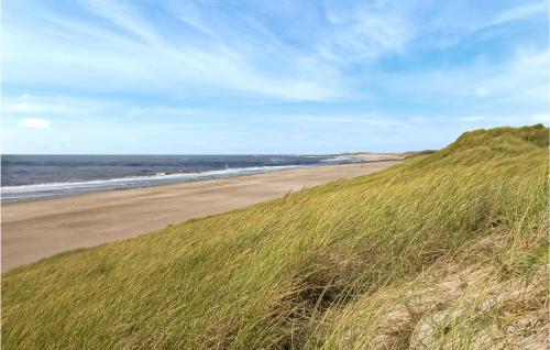 a beach with a grassy hill next to the ocean at Holiday Home Vesterledvej Hvide Sande V in Havrvig
