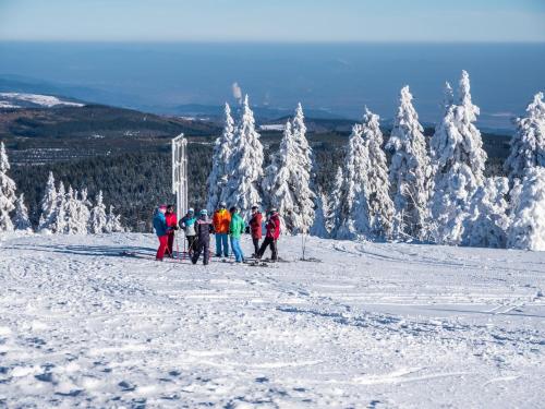 un grupo de personas de pie en la cima de una pendiente cubierta de nieve en Trademark Condo Short Walk to Shuttle, en Winter Park