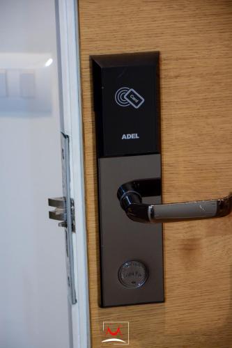 a door with a door knocker on a wooden door at Hotel Theatro- City Center in Tirana