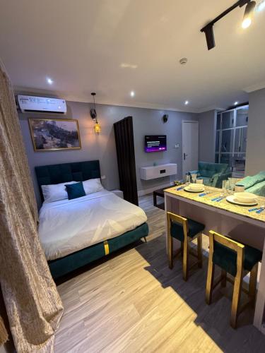 Postel nebo postele na pokoji v ubytování Balcony Teal Snug Open-Plan Studio Unit in Lekki Phase 1-Netflix, Wi-Fi, 24-7 Light, Washer, Kitchen
