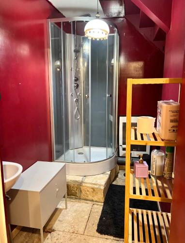 a bathroom with a shower and a sink at The Chateau 45Pers, 30min from Sea in Amayé-sur-Orne