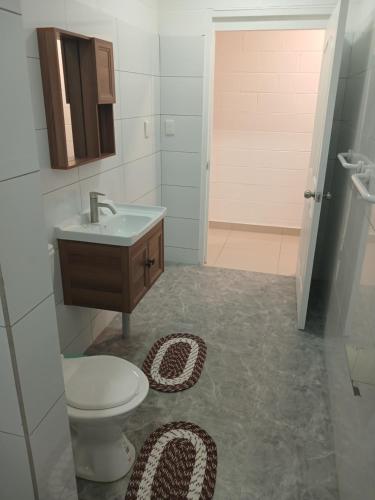 アピアにあるSaolan House Samoaのトイレと洗面台付きのバスルーム