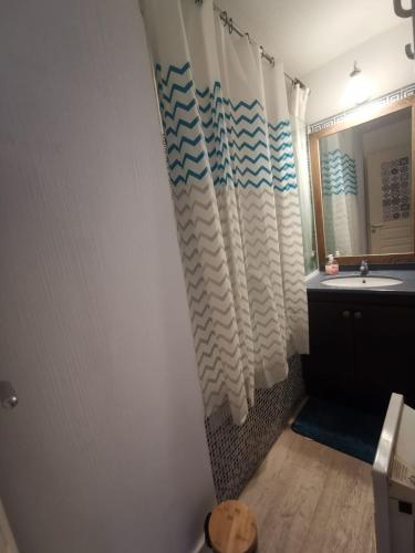 une salle de bain avec un lavabo et un rideau de douche dans l'établissement A&H Homes - Cannes Beach - Near Train Station, à Cannes