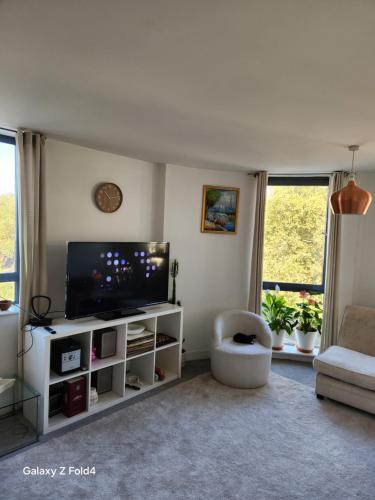a living room with a flat screen tv and a couch at Tower Bridge - Saint Katherine's Dock in London