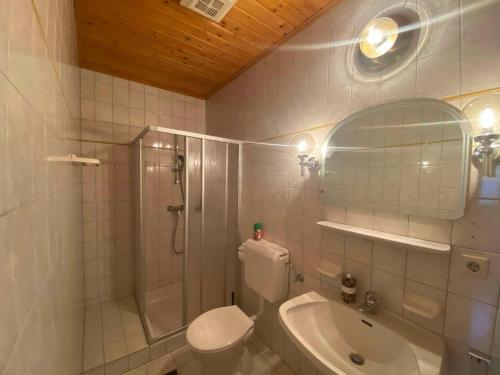 a bathroom with a shower and a toilet and a sink at Gasthof Frasswirt in Frass