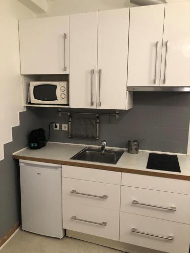une cuisine avec des armoires blanches, un évier et un micro-ondes dans l'établissement Le Studio du Square, à Paris