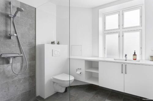 a bathroom with a toilet and a sink and a shower at Premium High-Street Home w Large Private Terrace in Aarhus