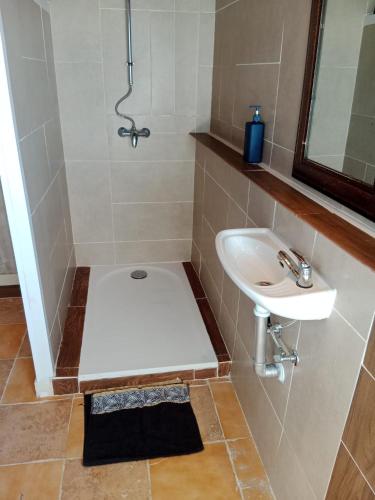 a bathroom with a shower and a sink at El Escondite Perfecto in Benacazón