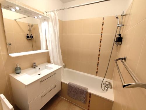 une salle de bain avec un lavabo, une baignoire et un miroir dans l'établissement La Noria - Confort et Facilité - Parking, à Aucamville