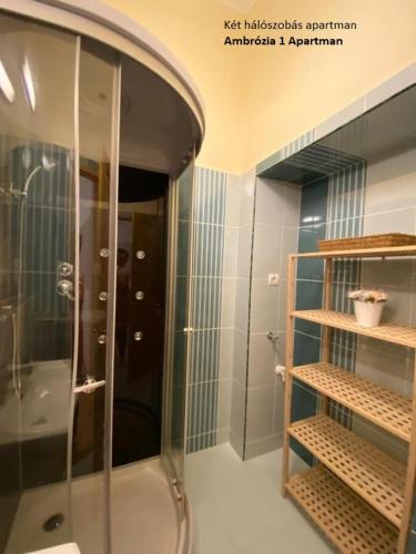 エゲルにあるAmbrózia Apartmanのバスルーム(ガラス張りのシャワー付)