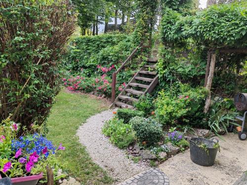 Vireux-MolhainにあるCamp paradisの木製のはしごと花のある庭園