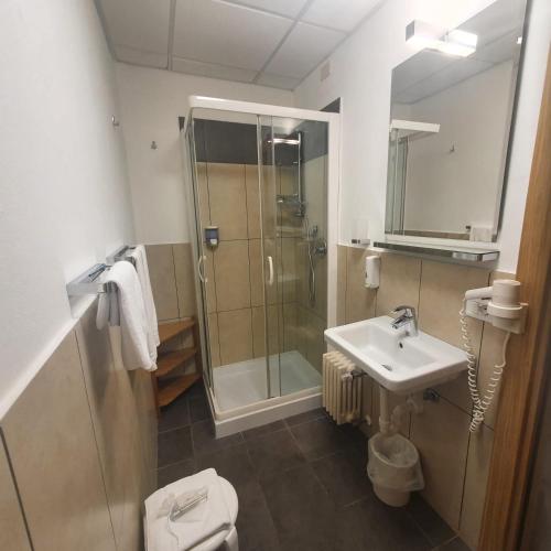 a bathroom with a shower and a sink and a toilet at Hotel Europa Lignano in Lignano Sabbiadoro