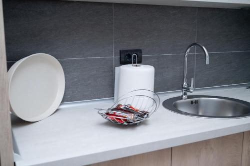 Una encimera de cocina con un fregadero y un rollo de toallas de papel. en Residence Hill A036 Apartment, en Kopaonik