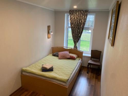 a small bedroom with a bed and a window at Delta 6 two big beds in Tartu