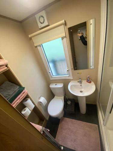 a small bathroom with a toilet and a sink at Superb luxury caravan, Todber Valley Holiday Park, in Gisburn