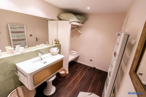 a bathroom with a sink and a mirror at Le Val des Sens in Chatte