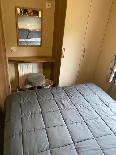 a bedroom with a bed and a mirror at Superb luxury caravan, Todber Valley Holiday Park, in Gisburn