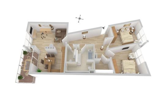 un plano del suelo de una casa en Auszeit, Yoga-Apartment mit Kamin & Balkon in der Hafenresidenz, en Waren