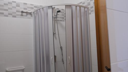 a shower with a shower curtain in a bathroom at B&B Bella Peschici in Peschici