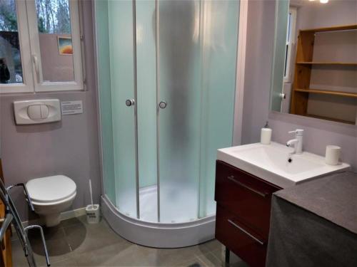 une salle de bain avec une douche, des toilettes et un lavabo dans l'établissement La Petite Escapade calme CAUTION OBLIGATOIRE via swikly, à Cernoy-en-Berry