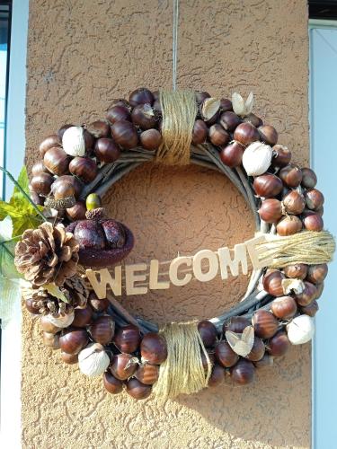 a wreath of chestnuts and shells on a wall at Alfréd Panzió in Budapest