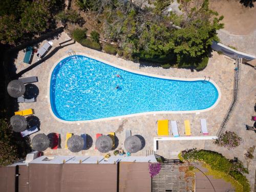 - une vue sur la piscine et ses chaises dans l'établissement Domaine Bocca di Feno, à Bonifacio