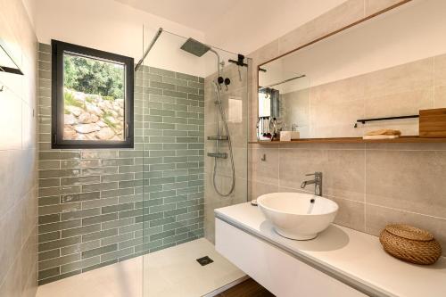 un bagno con lavandino e doccia di Maison Altea - Maison climatisée a Figari