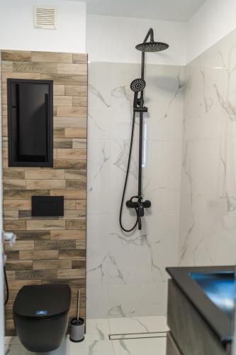 a bathroom with a toilet and a tv on a wall at Sweet Home 2 in Sandanski