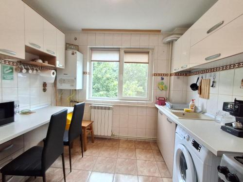 eine Küche mit einer Spüle sowie einem Tisch und Stühlen in der Unterkunft Apartament 2 Camere, Etaj 1 in Buzău