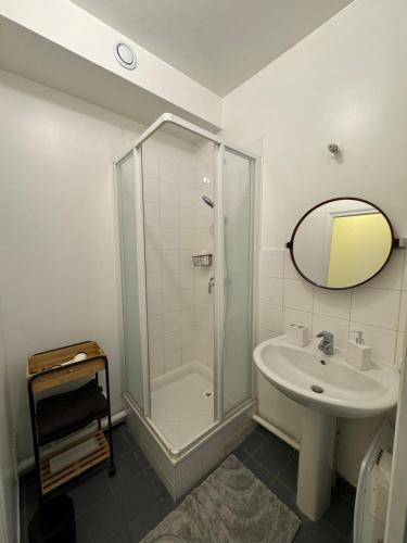 a bathroom with a shower and a sink and a mirror at Studio idéal Gare & Centre-Ville in Conflans-Sainte-Honorine