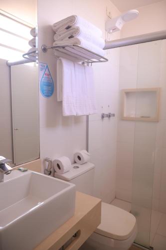 a bathroom with a sink and a toilet and a shower at Laguna Plaza Hotel in Brasilia