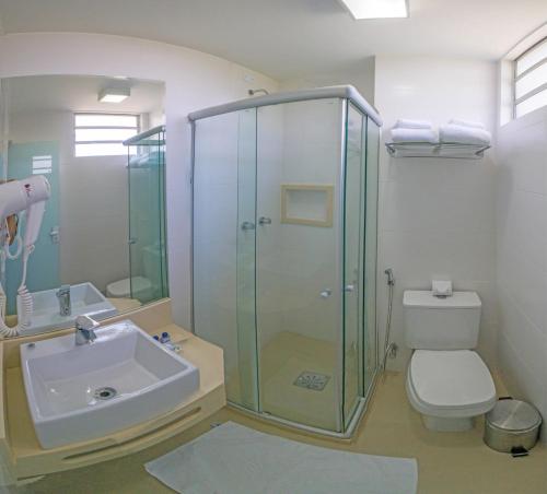 a bathroom with a shower and a sink and a toilet at Laguna Plaza Hotel in Brasilia