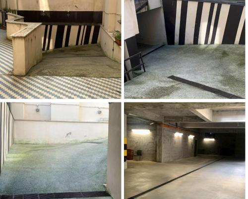 four photos of an empty room with a concrete floor at Hotel Lux in Alessandria