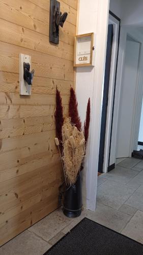a plant in a pot next to a wall at Sublime Chalet 14 Pers Spa Extrieur in Cauterets