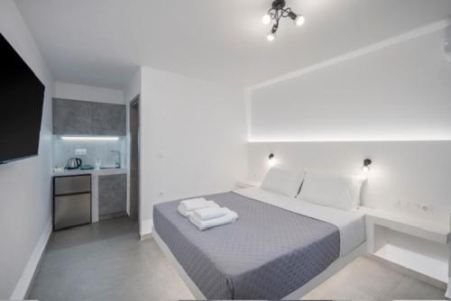 Кровать или кровати в номере Vassilia on the beach Serifos