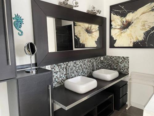 La salle de bains est pourvue d'une coiffeuse noire et d'un miroir. dans l'établissement Villa le Sirocco, à Sète