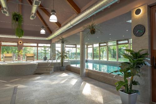 a large bathroom with a tub and a swimming pool at Hercegasszony Birtok in Mezőtúr