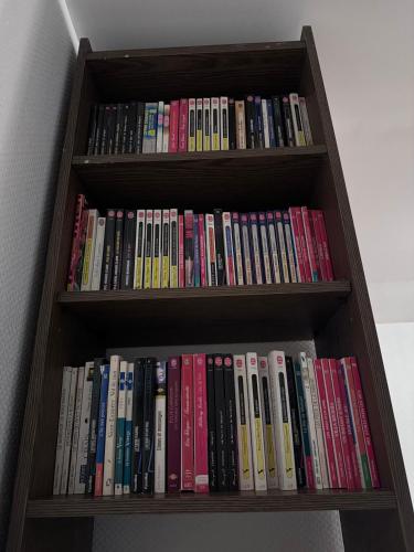 une étagère remplie de livres dans l'établissement Gîte familial dans le vignoble champenois, à Cuchery