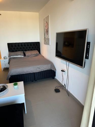 a bedroom with a bed and a flat screen tv at Mandarin beach in Jlil