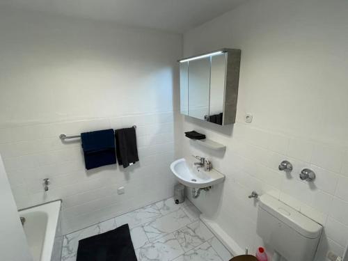 a bathroom with a sink and a toilet and a mirror at Moderne und möblierte Wohnung! in Lünen