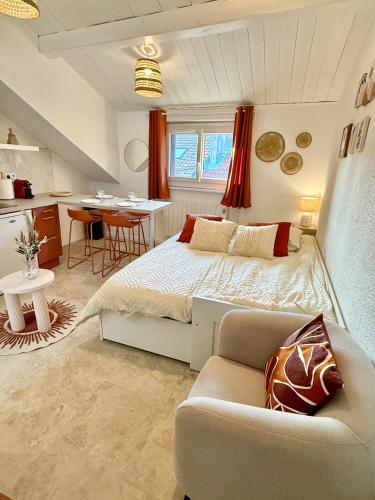 Cet appartement comprend une chambre avec un lit et un canapé ainsi qu'une cuisine. dans l'établissement Duplex AGAFAY 4 couchages centre piéton Thonon, à Thonon-les-Bains