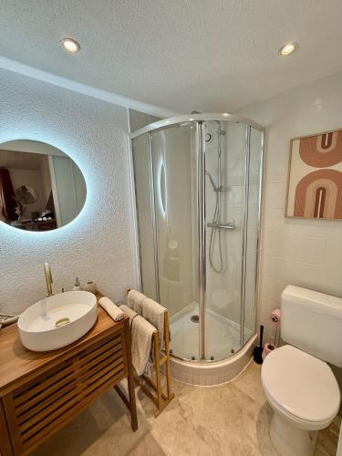une salle de bain avec une douche, un lavabo et des toilettes dans l'établissement Duplex AGAFAY 4 couchages centre piéton Thonon, à Thonon-les-Bains