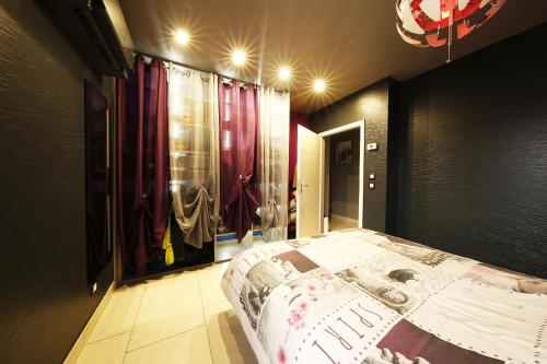 a bedroom with a bed and some curtains at Bretzel Home in Colmar