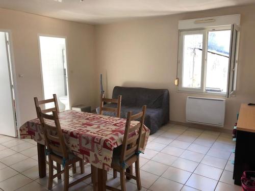 un salon avec une table et un canapé dans l'établissement appartement la teste centre, à La Teste-de-Buch