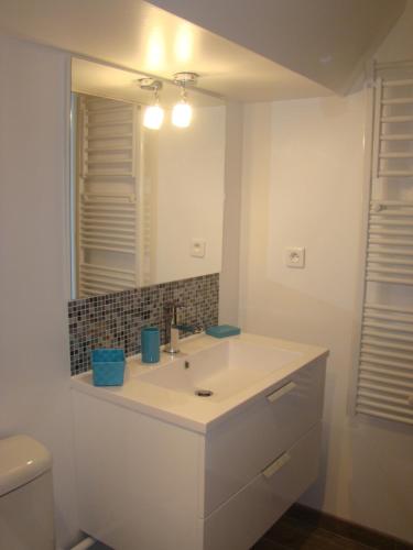 une salle de bain avec un lavabo et un miroir et des toilettes dans l'établissement SCI les THERMES 17, à Rochefort