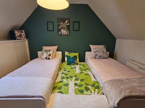 two twin beds in a room with green walls at Le Petit Nice Maison semi-troglodyte de charme. in Vouvray