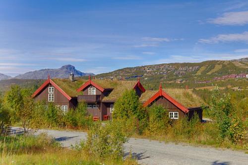 una casa con techo de hierba con montañas al fondo en Grand Log Cabin With Fireplace And 12-14 Beds, en Beitostølen