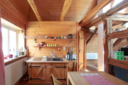a kitchen with a sink in a wooden cabin at gemütliches Apartment mit Galerie im Ferienhof in Litzendorf