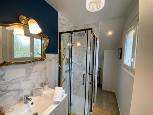 une salle de bain avec une douche, un lavabo et un miroir dans l'établissement Villa Mirabelle - Proche plage, à Merville-Franceville-Plage