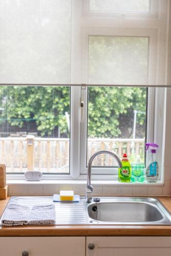 a kitchen counter with a sink and two windows at Glebe Street Apartment in Fife